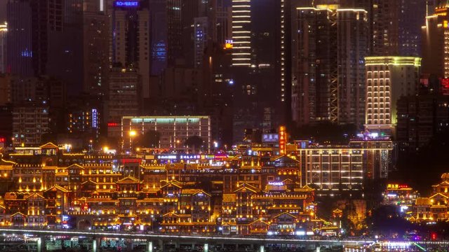 Chongqing hongyadong night cityscape China timelapse pan up