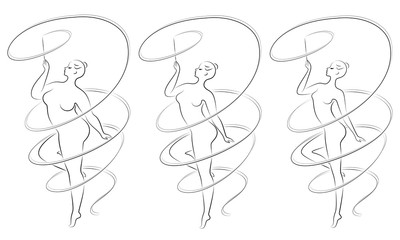 Collection. Silhouette of a cute lady, she is engaged in rhythmic gymnastics with a ribbon. The woman is overweight and slender girl athlete. Vector illustration set