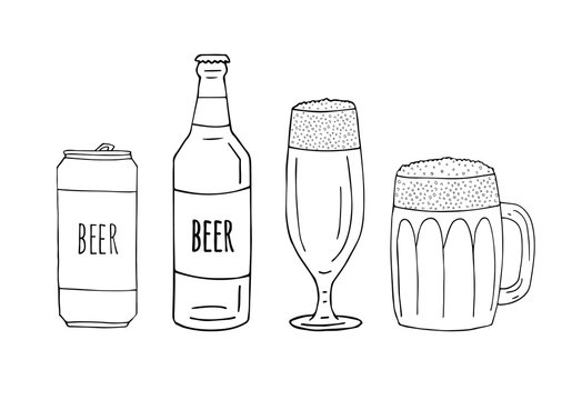 Vector set bundle of hand drawn doodle sketch beer cans and bottles isolated on white background