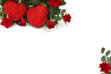 Decoration of Valentine Day. Beautiful flowers red roses with red hearts on a white background with space for text