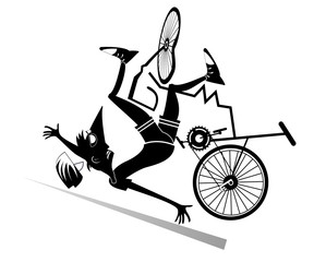 Cyclist falling down from the bicycle isolated illustration. Cyclist falling down from the broken bicycle black on white illustration 