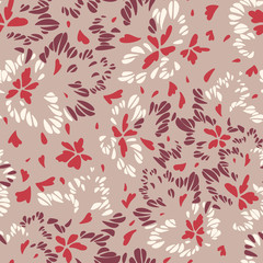 Abstract floral seamless pattern made of leaves, petals, buds, botanical elements. Trendy flat graphic. Meadow flowers. Illusion of wings of butterfly, bird or insect. Simple summer ornament.