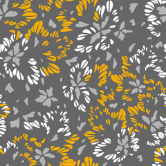 Abstract floral seamless pattern made of leaves, petals, buds, botanical elements. Trendy flat graphic. Meadow flowers. Illusion of wings of butterfly, bird or insect. Simple summer ornament.