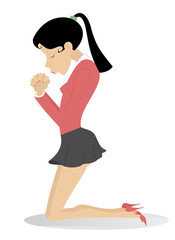 Prayer woman in the kneels illustration. Young woman is praying in the kneels isolated on white illustration