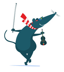 Cartoon rat or mouse plays violin illustration. Comic rat or mouse holds violin and fiddlestick isolated on white illustration