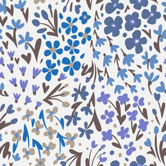 Small daisies and different meadow flowers, forbs and plants. Repeat botanical pattern. Hand drawn florals. Flat style illustration. Trendy fashion design for textile, fabric, surface and wrapping.