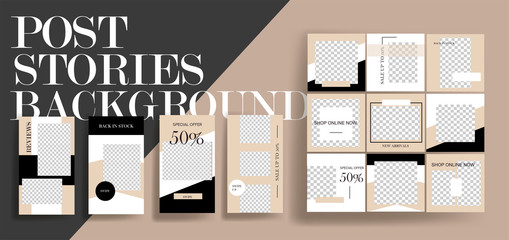 Design backgrounds for social media banner.Set of instagram stories and post frame templates.Vector cover. Mockup for personal blog or shop.Layout for promotion.Endless square puzzle.