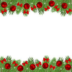 Christmas tree branches decorated with balls and red bows isolated on a white background.