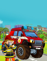 cartoon scene with fireman vehicle on the road - illustration for children