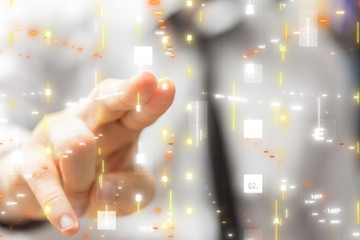 Businessman pressing document icon over computer binary code