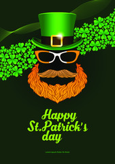 Happy St. Patrick's Day template for greeting card, flyers or posters. Green heat, red beard and eye glasses design objects.