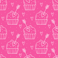 Muffins with hearts vector doodle seamless pattern, background. Hand drawn St. Valentine`s Day pattern. 