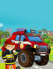 cartoon scene with fireman vehicle on the road - illustration for children