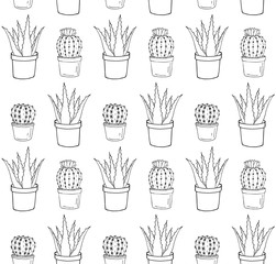 Vector seamless pattern of hand drawn doodle sketch potted aloe vera and cactus isolated on white background