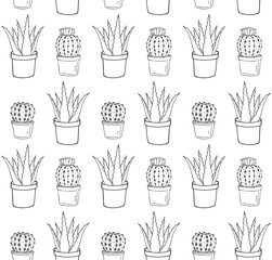 Vector seamless pattern of hand drawn doodle sketch potted aloe vera and cactus isolated on white background