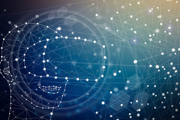 Man wearing virtual reality goggles. Future innovation technology fantasy. connected dots geometric point line vr headset glass device concept