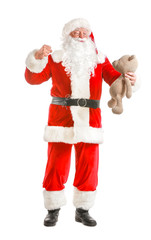 Funny drunk Santa Claus with toy bear on white background