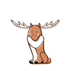 Cute illustration with elk, theme with animals. Doodle style drawings.