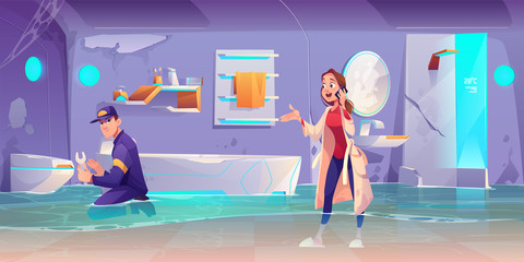 Plumber fixing leakage in flooded bathroom, woman waiting for toilet bowler pipe repair speaking by phone. House plumbing company, professional repairman working service. Cartoon vector illustration