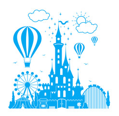 Fototapeta na wymiar Fairytale castle of princess in an amusement park. Air balloons in sky, rides and entertainment. Illustration, vector