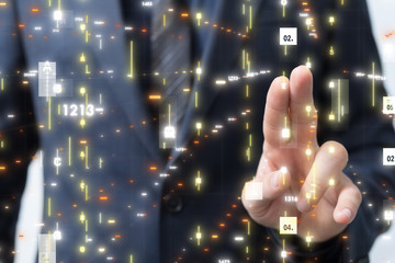 Businessman pressing document icon over computer binary code