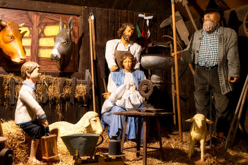 Wooden christmas figures in a nativity on the christmas market in Aschaffenburg, Bavaria