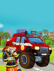 cartoon scene with fireman vehicle on the road - illustration for children