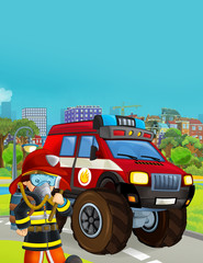cartoon scene with fireman vehicle on the road - illustration for children