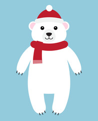 Vector flat cartoon white polar bear in hat and scarf standing isolated on blue background