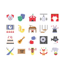 art or craft related rabbit, elephant, video camera, shoes, and cinema light in flat design