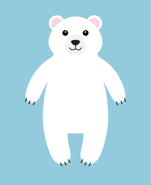 Vector flat cartoon white polar bear standing isolated on blue background