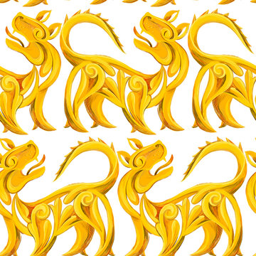 Baroque pattern. Animal seamless background with golden lions. Nature wildlife ornament. Vintage style print.