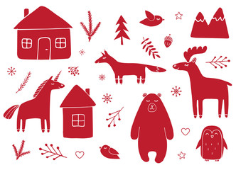 Vector set bundle of red hand drawn doodle sketch animals and nature elements isolated on white background