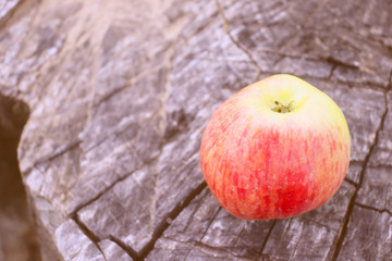 Sweet rustic still life. Bright fragrant apples from their own garden on an old cracked huge stump.