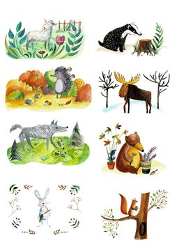 Watercolor set of forest animals and plants in a cartoon style. Hand drawn illustration isolated on a white background