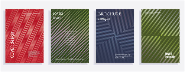Minimalistic cover design templates. Set of layouts for covers of books, albums, notebooks, reports, magazines. Line halftone gradient effect, flat modern abstract design. Geometric mock-up texture
