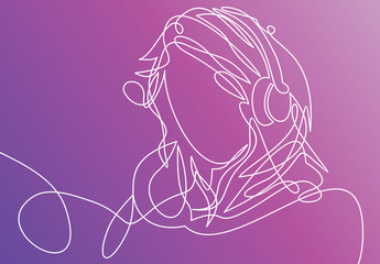 continuous single drawn one line. girl woman listens to music with headphones