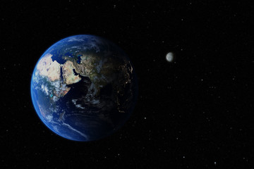 Obraz na płótnie Canvas Planet Earth and Moon in the distance in outer space, 3D render,Elements of this image are furnished by NASA