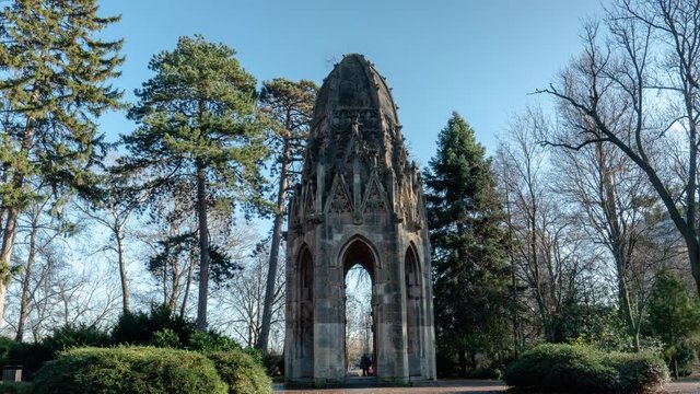 Hyper lapse of old Gothic tower at Kral Park in Slovakia, Bratislava, a famous landmark