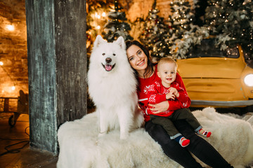 Mother and her son have a fun next to dog against background of Christmas decorations.