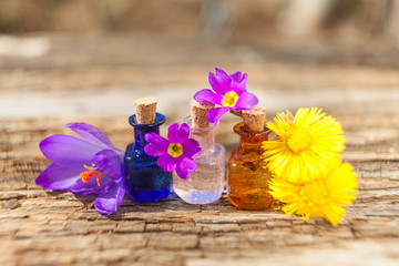 Obraz na płótnie Canvas crocus essential oil in beautiful bottle on table