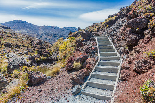 Picture of hiking trail in Tongariro National Park on northern island of New Zealand imn summer