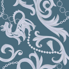 Vintage seamless pattern with heraldic lion and Baroque elements. Chain, border, accessories and jewelry. Victorian, Rococo, Baroque style background.