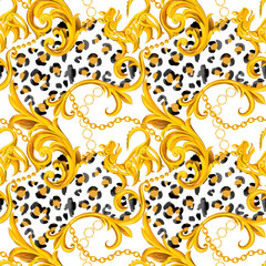 Golden baroque ornament design with leopard skin texture. Animal fur seamless pattern for textile print.