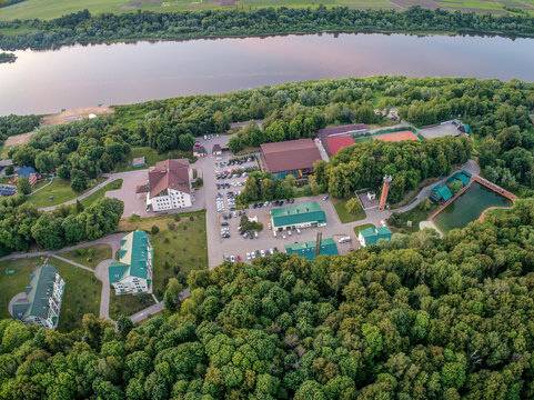 Typical landscape of the middle belt of Russia (Central Russia). Russian field near the Oka river and the town of Pushchino, Serpukhov district, Moscow region.