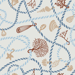 Seamless marine rope knot pattern. Illustration with color ropes ornament and Jewelry made of seashells, corals, algae and starfish. Trendy fashion maritime style background. Rope texture.
