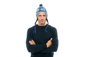 Confident and focused. Best wishes. Guy wear winter hat. Merry christmas and happy new year. Winter vacation. Mature man in hat face bristle. Handsome man celebrate winter holidays white background