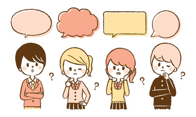 悩む学生　吹き出し　イラストセット