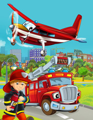 Obraz na płótnie Canvas cartoon scene with fireman vehicle on the road - illustration for children