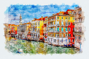 Aquarelle styliing - View Grand Canal from Rialto bridge, Venice, Italy